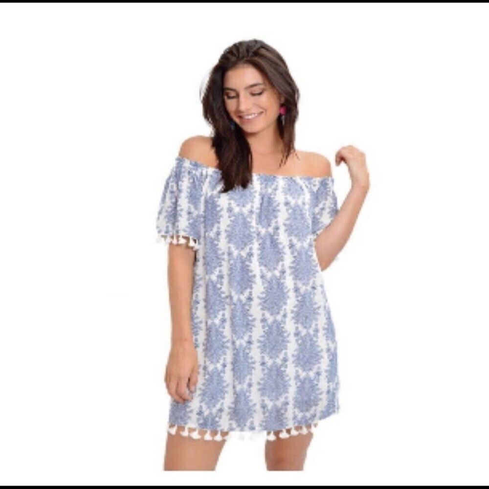 Heartloom Ria Off Shoulder Tassel Dress blue and white pom pom trim light weight